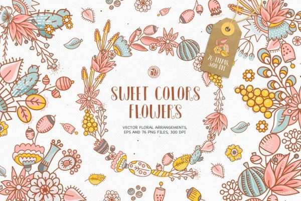 甜蜜色彩手绘花卉插画 Sweet Colors Flowers