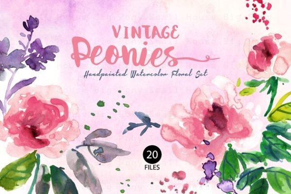 特色复古水彩牡丹剪贴插画素材精选汇总 Vintage Peonies- Watercolor Clip Art