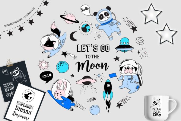 简洁干净的太空人物插图集 Cute Space animals characters set