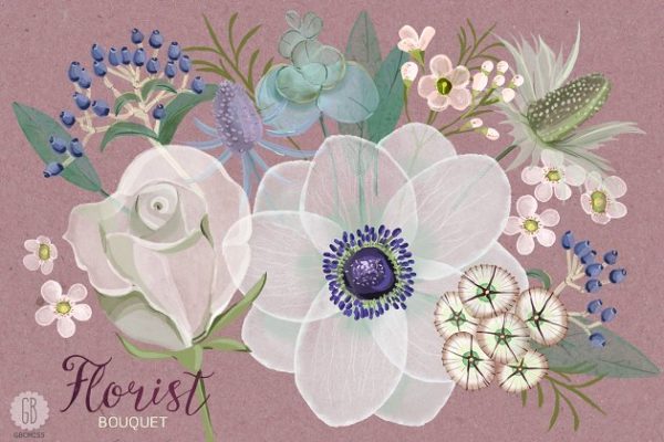 淡雅水彩海葵花束插画艺术素材精选 Watercolor florist bouquet anemone