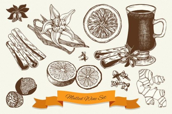 老式水墨手绘热葡萄酒矢量插图 Vintage Mulled Wine Collection