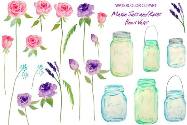 粉紫色玫瑰剪贴画DIY请柬贺卡素材精选 Watercolor Wedding Mason Jars Roses