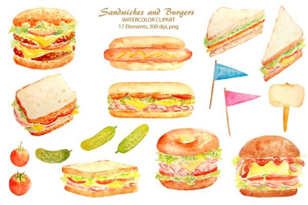 手绘水彩三明治＆汉堡剪贴画 Watercolor Sandwich Burger Hotdog