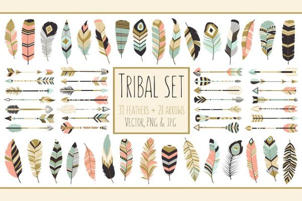 59个美丽的部落箭头艺术羽毛剪贴画 59 Arrows & Feathers Tribal Clipart