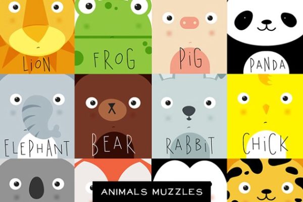 可爱动物嘴巴特写手绘卡通插图 Animals Muzzles