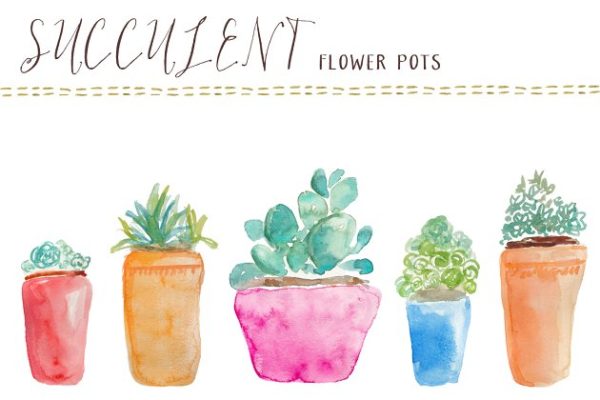 水彩多肉盆栽植物插画素材精选 Watercolor Succulents Flower Pots