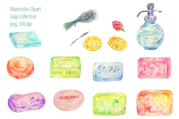 美容护肤品牌水彩手绘插画设计素材精选 Watercolor Clipart Soap Collection