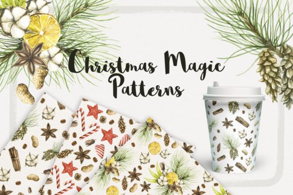圣诞主题魔法水彩无缝图案背景素材精选 Watercolor Christmas Magic Patterns