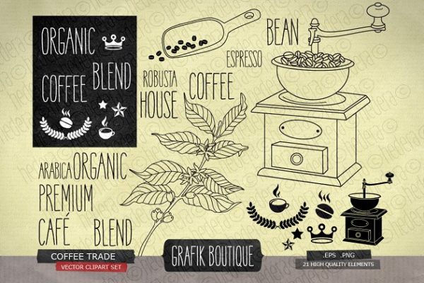 复古咖啡主题手绘插画素材精选 Coffee trade, vintage grinder, crown