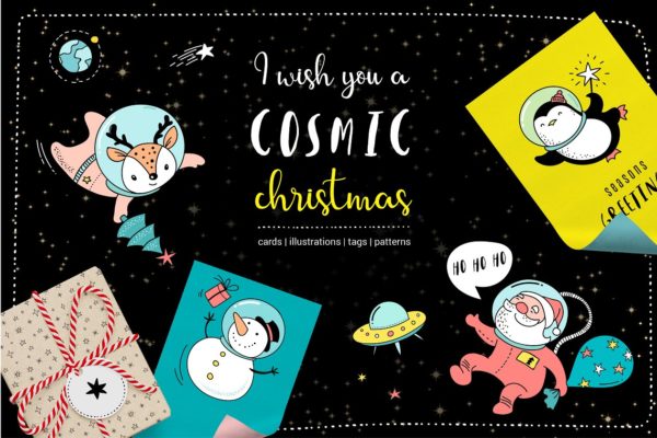 外太空宇宙圣诞节手绘插画素材精选 Cosmic Christmas in outer space