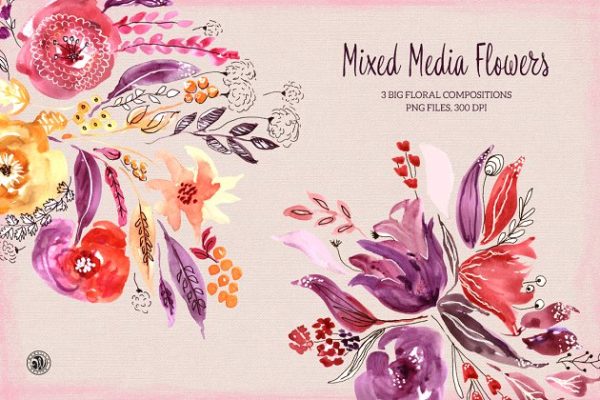 华丽感水彩玫瑰花卉剪贴画 Mixed Media Flowers