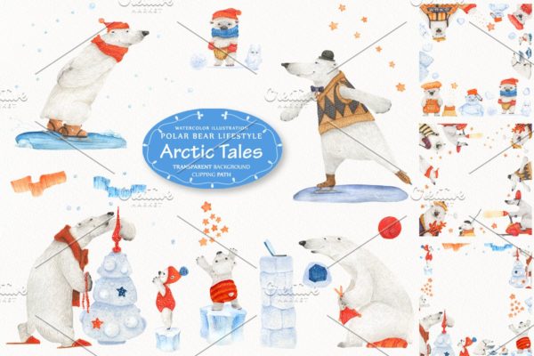 可爱北极熊故事水彩插画素材精选