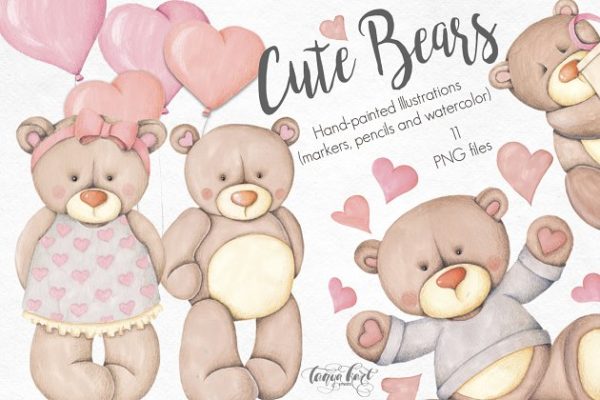 可爱小熊手绘插画素材精选 Bears Hand-painted illustrations