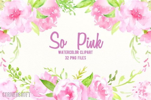 粉色水彩牡丹花卉元素剪贴画 Watercolor Clipart So Pink Flowers