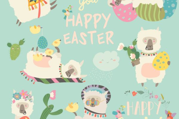 可爱骆驼/羊驼/复活节彩蛋矢量插画 Cute llama or alpaca with Easter eggs. Vector set