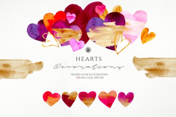 爱心主题水彩插画汇总 Hearts – Watercolor Illustrations