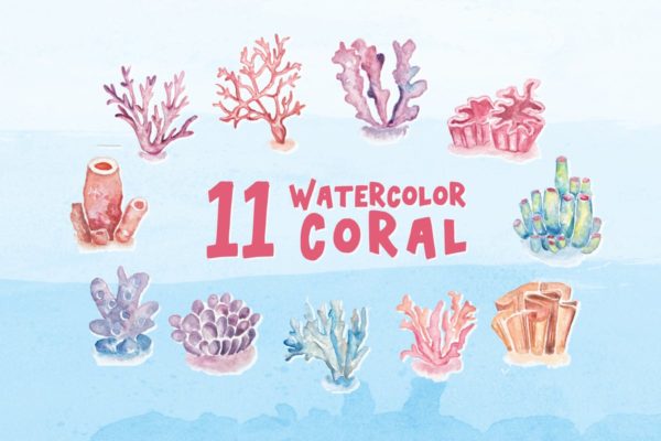 海洋珊瑚水彩元素插画汇总 11 Watercolor Coral Illustration Graphics