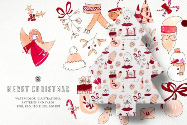 圣诞快乐水彩插画套装 Merry Christmas Watercolor Set