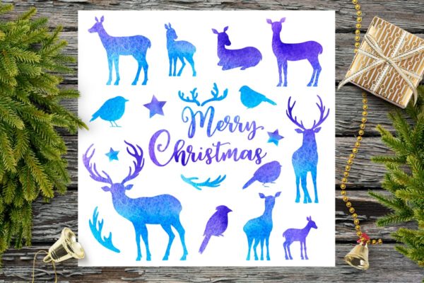 蓝色水彩动物剪影素材精选 Blue Watercolor Animal Silhouettes