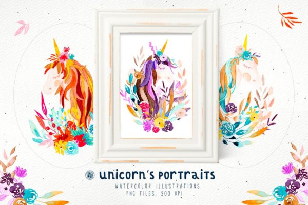创意独角兽动物肖像水彩插画 Unicorn’s Portraits