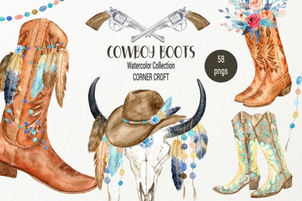 西部牛仔文化靴子&配件水彩插画汇总 Watercolor Cowboy Boots And Accessory collection