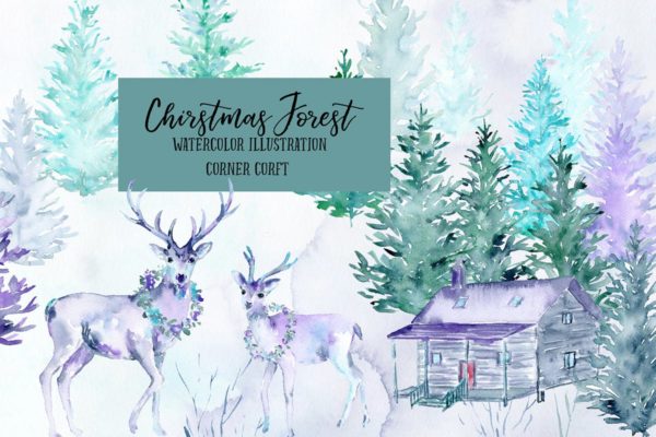 水彩圣诞森林插画汇总 Watercolor Christmas Forest