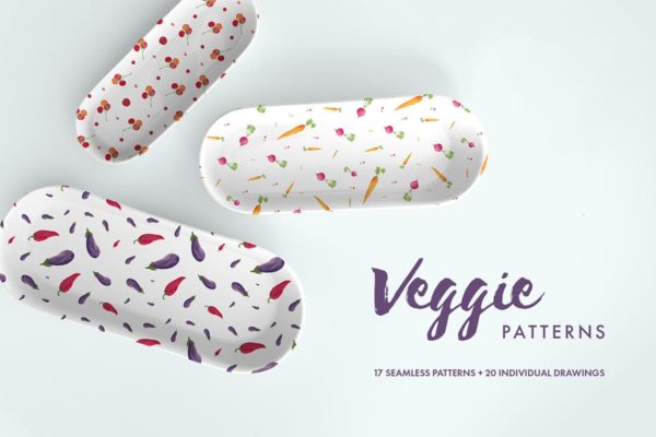 水彩手绘素食无缝图案汇总 Watercolor Veggie Patterns