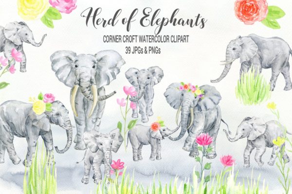 大象群水彩剪贴画汇总 Watercolor herd of elephants