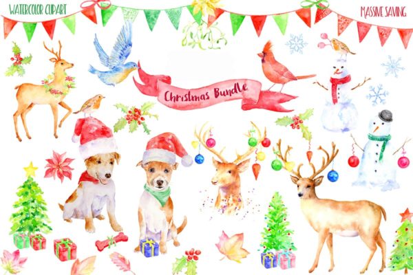 水彩圣诞节主题剪贴画汇总 Watercolor Christmas Bundle