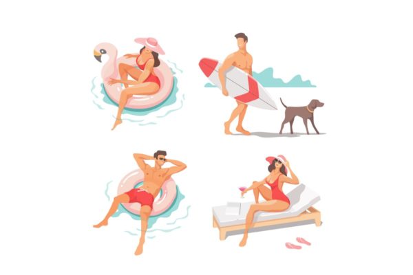 夏日海滩主题概念矢量插画素材精选 Set of People Performing Activities at Beach