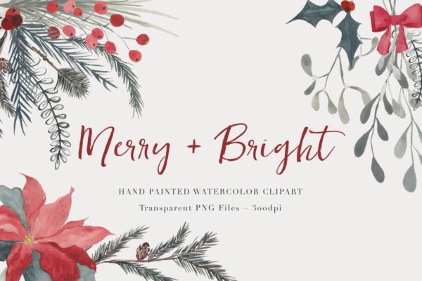 圣诞节主题水彩花卉剪贴画素材精选 Christmas Watercolor Clipart