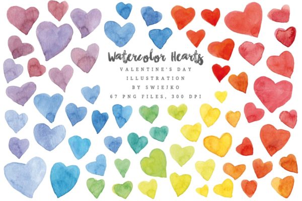 情人节彩虹色心形水彩插画汇总 Watercolor Rainbow Hearts, Valentine’s Day