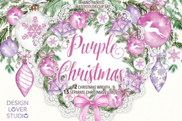 紫色圣诞节水彩元素插画设计素材精选 Watercolor “Purple Christmas” design