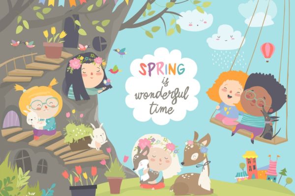 春天卡通人物&动物场景矢量插画设计素材精选 Cute cartoon children with animals in spring fores