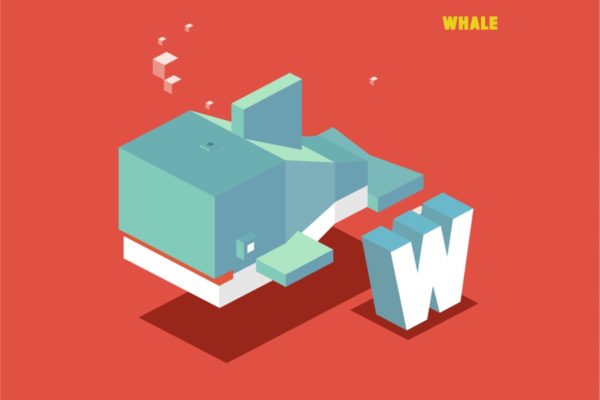 “W”鲸鱼动物词汇字母2.5D矢量插画素材精选 W for whale. Animal Alphabet