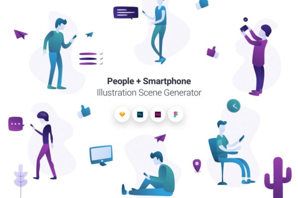 人类使用智能手机生活场景插画素材精选 People + Smartphone Illustration Scene Generator