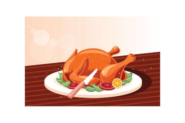 烤鸡美食素材精选矢量插画素材精选 Whole roasted chicken on wooden cutting board