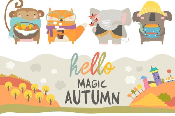 秋天主题可爱动物矢量插画素材精选 Vector set of cute animals with autumn theme