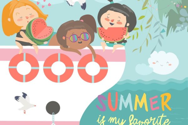 夏日卡通女童游艇场景矢量手绘插画素材精选 Cute happy girls resting and eating watermelon on