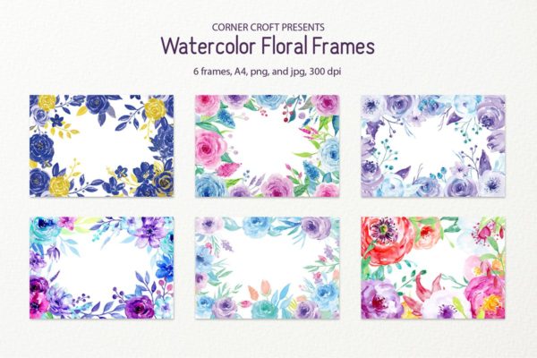 蓝色&紫色水彩花卉框架插画 Watercolor Floral Frame Blue and Purple