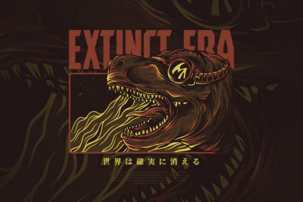 恐龙时代手绘插画T恤印花图案设计素材精选 Extinct Era