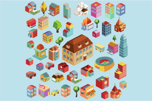 多彩等距城市场景矢量插画v4 Colorful vector isometric city