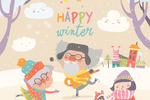 冬天场景卡通人物形象矢量插画素材精选 Happy couple of elderly with granddaughter skating