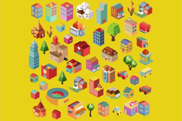 多彩等距城市场景矢量插画v5 Colorful vector isometric city