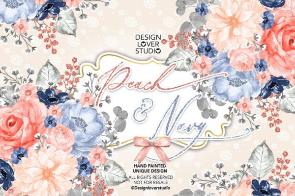 桃红色&海军蓝水彩剪贴画设计素材精选 Watercolor Peach and Navy design