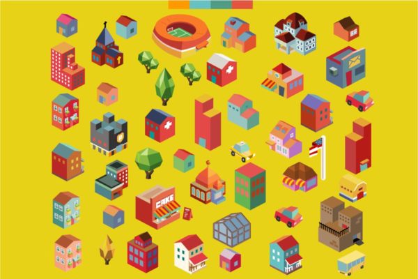 多彩等距建筑建筑物场景矢量插画v1 Colorful vector isometric buildings