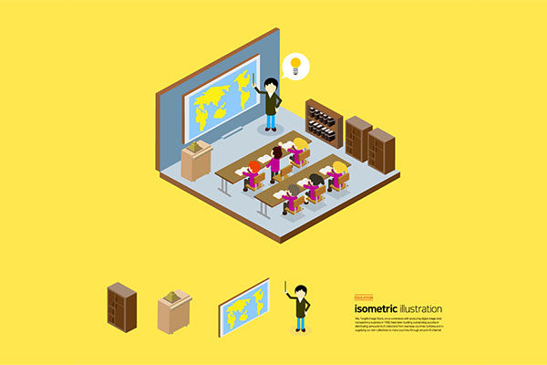 儿童课堂学习教育主题等距插画设计素材精选