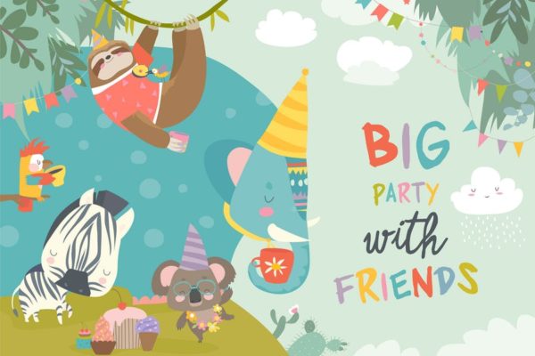 儿童生日派对主题设计矢量插画素材精选 Vector birthday background with happy animals