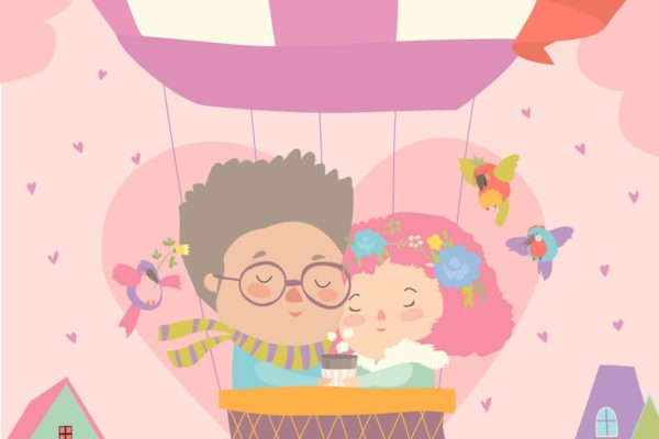 热气球情侣矢量手绘插画素材精选 Cute couple in love flying on air ballon. Vector