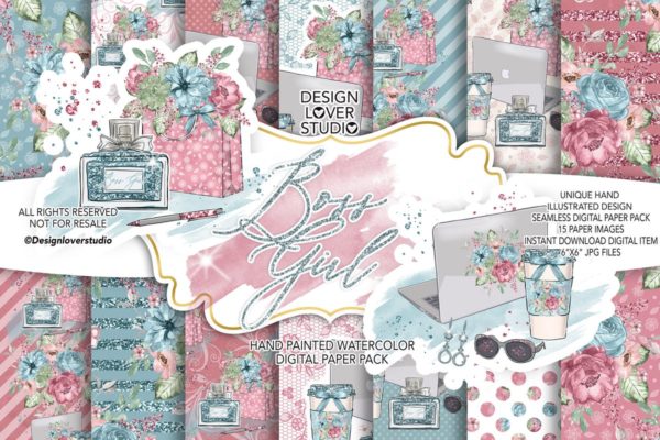 水彩花卉无缝图案设计素材精选 Boss Girl digital paper pack